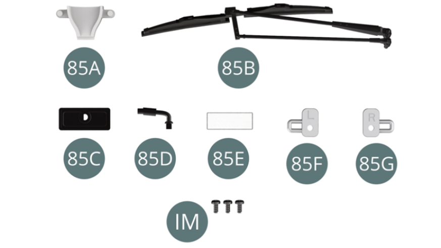 85A Entrada de ar 85B Limpa pára-brisas 85C Caixa de retrovisor85D Suporte do espelho retrovisor 85E Espelho retrovisor 85F Fechadura da porta, à esquerda 85G Fechadura da porta, à direita Parafuso IM M 1,7 x 3,5 mm (x 3)