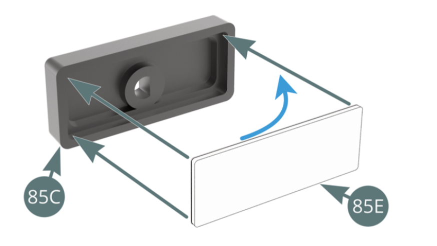 Retira el protector de papel del espejo (85E) y pégalo dentro de la Carcasa de retrovisor (85C). Monta el Soporte de retrovisor (85D) en la Carcasa de retrovisor (85C).