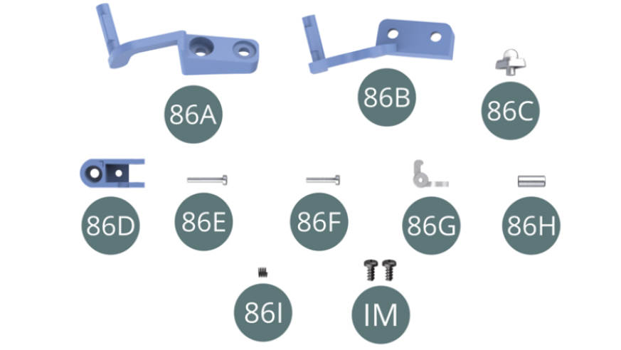 86A Cerniera inferiore 86B Cerniera superiore 86C Luce della porta 86D Serratura 86E Perno (lungo) 86F Perno (corto) 86G Scrocco 86H Pulsante di rilascio 86I Molla IM Vite M 1,7 x 3,5 mm (x 2)