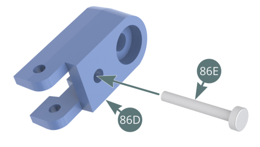 Inserir o pino longo (86E) na fechadura (86D). Instalar a mola (86I) e o trinco (86G) no pino longo (86E). Alinhar o eixo do trinco (86G) com o eixo da fechadura (86D), depois inserir o pino curto (86F). Colocar o botão de desbloqueio (86H) no pino longo (86E).