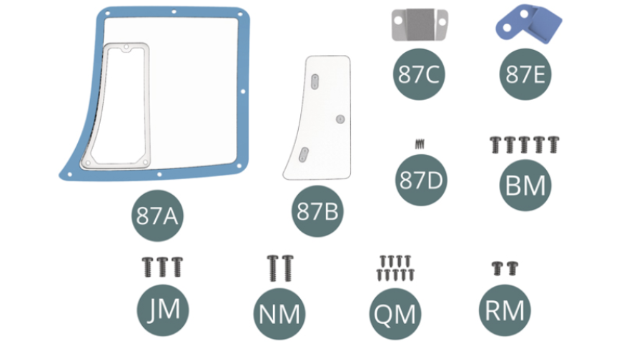 87A Janela 87B Janela de ventilação 87C Suporte de fixação 87D Mola87E Suporte de fixaçãoParafuso BM M 2,0 x 4 mm (x 5) Parafuso JM M 2,0 x 5 mm (x 3) Parafuso NM M 2,0 x 7 mm (x 2) Parafuso QM M 1,2 x 3 mm (x 9) Parafuso RM M 2,0 x 3 mm (x 2)