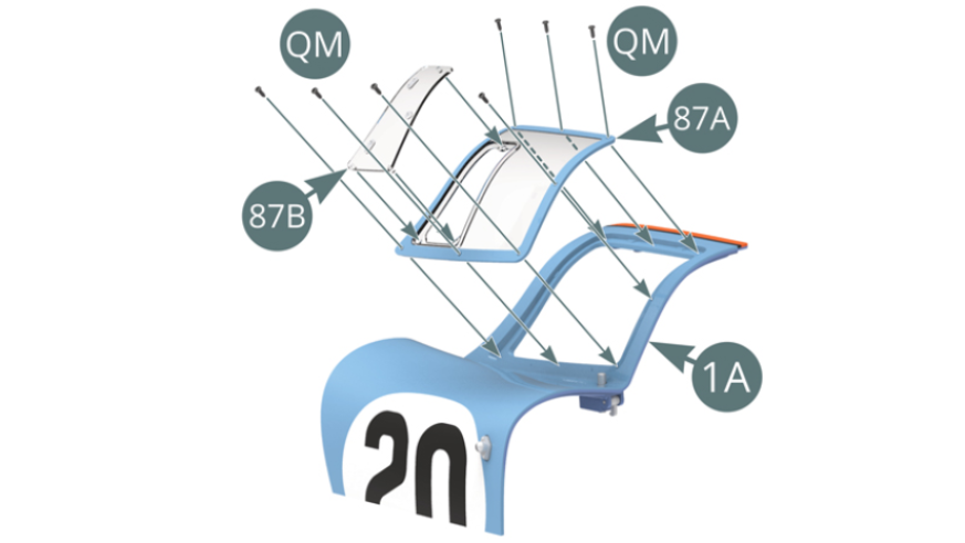 Fixar a janela de ventilação (87B) na janela (87A), encaixando os seus três pinos. Montar a janela (87A) na porta esquerda (1A) e fixá-la com sete parafusos QM.