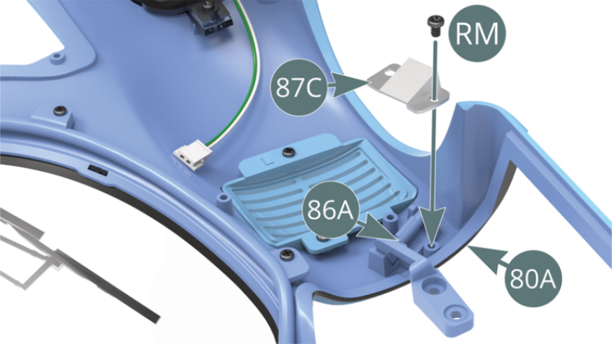 Positionner l’axe de la charnière inférieure 86A dans le logement en berceau prévu sur la carrosserie 80A, placer la patte de fixation 87C au-dessus et la fixer avec une vis RM sur l’un de ses côtés. Fixer l’autre côté de la patte de fixation 87C sur la carrosserie 80A avec une vis NM passée à travers le ressort 87D. Ne pas trop serrer la vis NM afin de permettre la compression du ressort 87D.