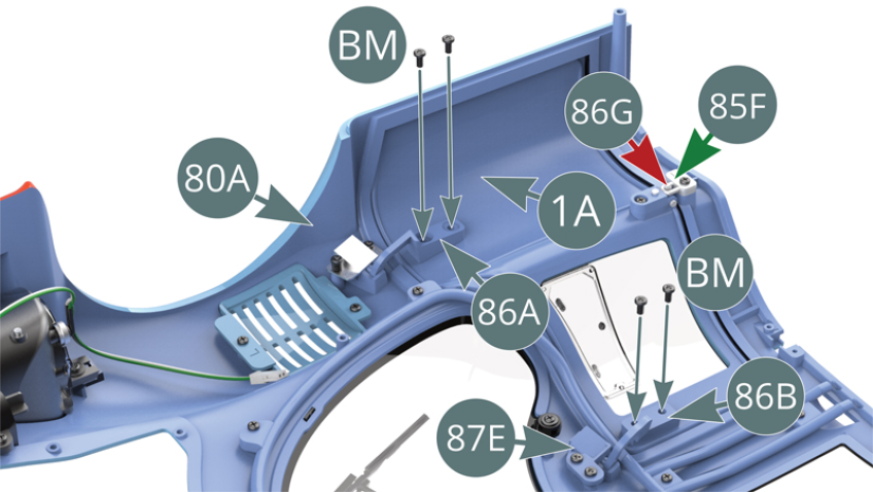 Positionner la portière gauche 1A sur la carrosserie 80A et engager le loquet 86G dans la serrure 85F. Positionner les charnières inférieure 86A et supérieure 86B sur la portière gauche 1A et les fixer avec quatre vis BM.