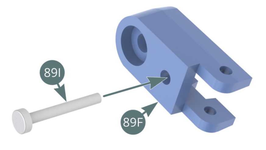Introduce el Pasador largo (89I) en el alojamiento de la Cerradura (89F). Monta el muelle pequeño (89K) y el Pestillo (89G) en el Pasador largo (89I).