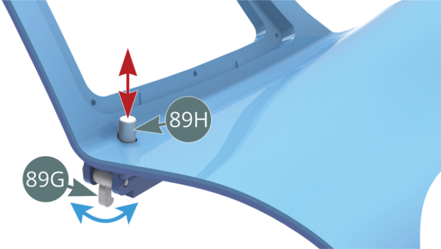 Premere di nuovo il pulsante di sblocco (89H) per verificare che il chiavistello (89G) oscilli ancora correttamente. Installare la luce della porta (89E) sulla porta destra (88A) assicurandosi che la luce sia rivolta in avanti.