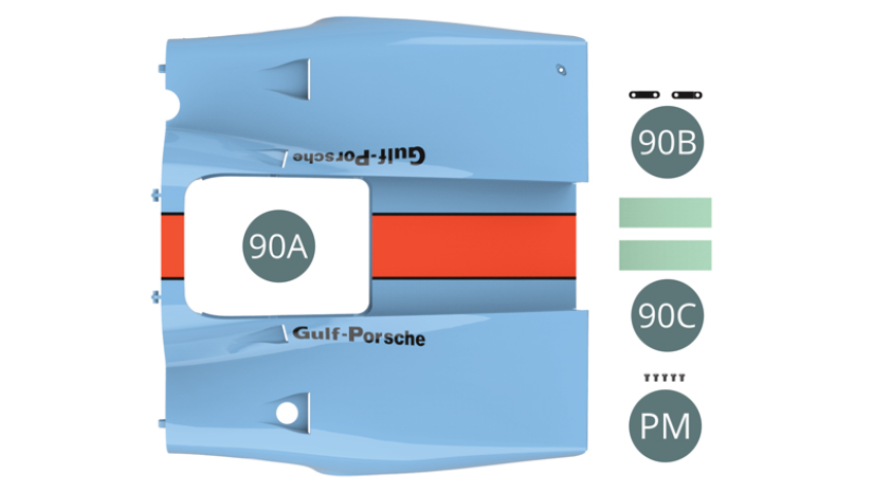 90A Capot traseiro 90B Suporte de dobradiça (x 2) 90C Fita adesiva transparente PM Parafuso M 2,0 x 4 mm (x 5)
