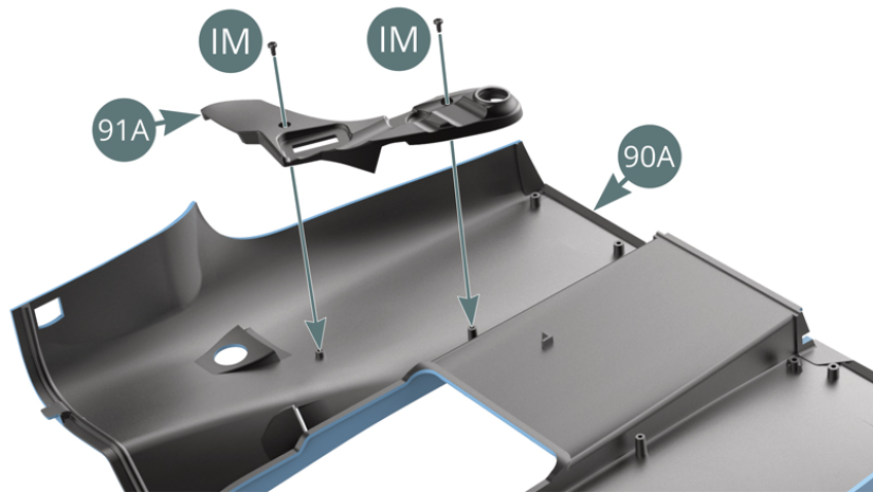 Colocar a conduta de ar esquerda (91A) no interior do capot traseira (90A) e fixá-la com dois parafusos IM. Montar a conduta de ar direita (91B) no interior do capot traseira (90A) e fixá-la com dois parafusos IM.