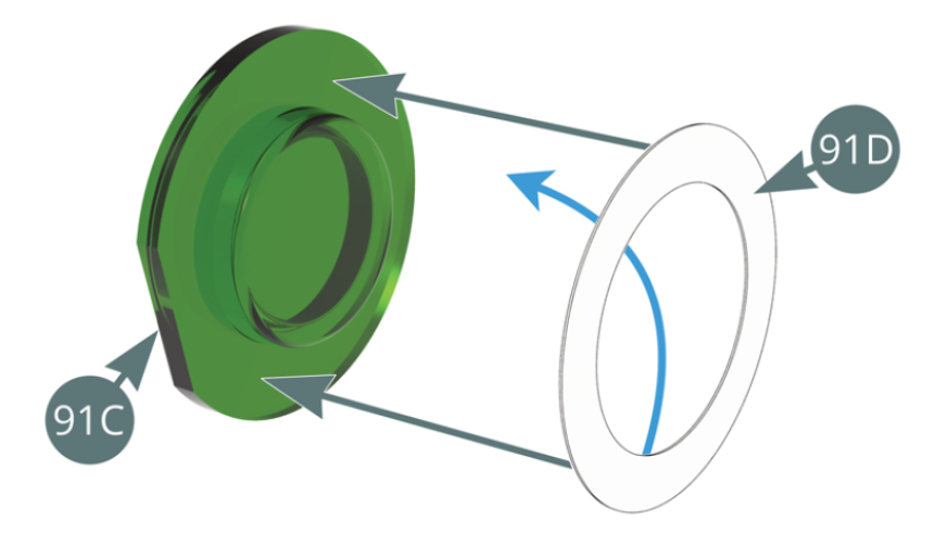 Retira la Cinta circular de doble cara (91D) de su soporte de papel y pégala alrededor de la parte saliente de la Tapa transparente (91C). Retira el soporte de papel de la Cinta circular de doble cara que está pegada a la Tapa transparente (91C) - flechas azules - y pégala en la abertura de la parte interior izquierda del Capó trasero (90A). Orienta el lado derecho de la Tapa transparente (91C) como indican las flechas rojas.