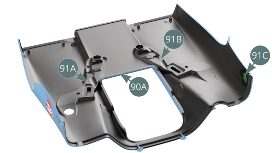 As condutas de ar esquerda (91A) e direita (91B), bem como a tampa transparente (91C), instaladas na tampa traseira do capot (90A).