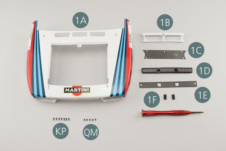 1A Carrosserie avant1B Calandre1C Grille de calandre1D Grille d’aération1E Grille de calandre1F Patte de verrouillage (x 2)TournevisKP Vis M 1,4 x 4 x 2,8 mm (x 7)QM Vis M 1,4 x 3 mm (x 5)