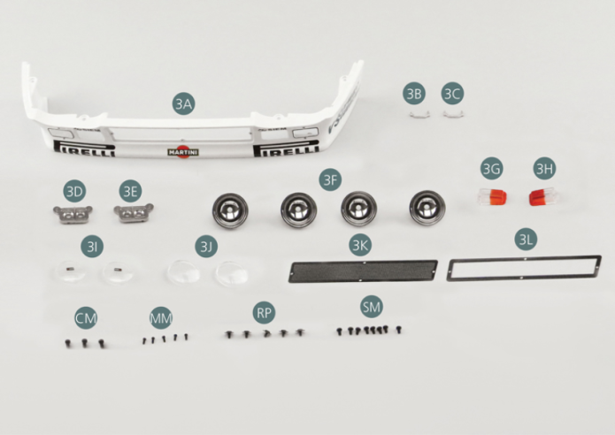 3A  Front bumper 3B Left bracket3C Right bracket 3D Left indicator reflector 3E Right indicator reflector 3F Headlight reflector (x 4) 3G Indicator light left 3H Indicator light, right 3I Inner headlight lens (x 2) 3J Exterior headlight lens (x 2) 3K Air intake grille 3L Frame Screw RP M 1.7 x 3 x 5.5 mm (x5) Screw CM M 2.0 x 4 mm (x 3) Screw MM M 1.2 x 3 mm (x 5) Screw SM M 1.7 x 3 mm  (x 8)