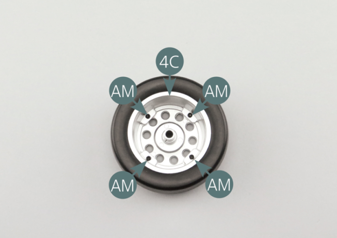 Fit the outer wheel rim (4B) into the tyre (4A), aligning it with the inner rim (4C) and secure with four AM screws.