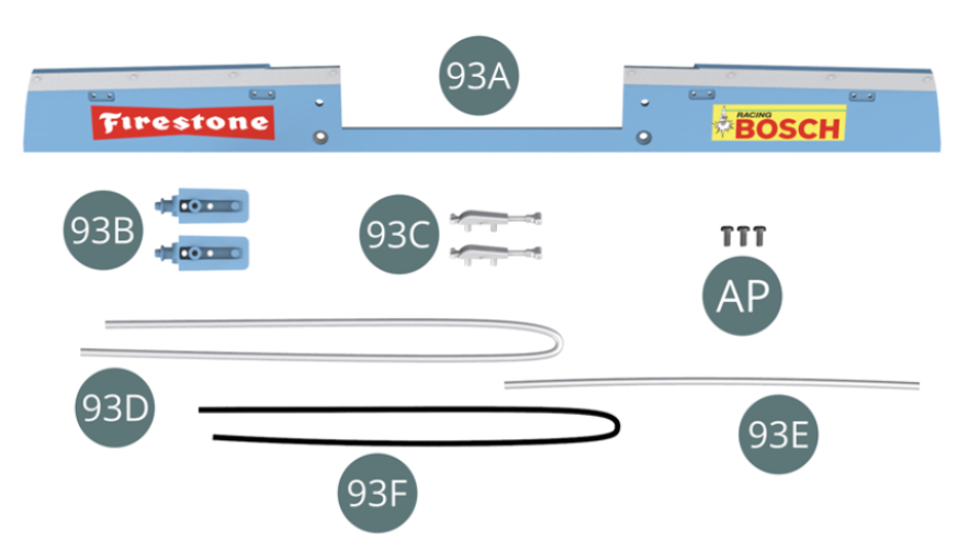 93A Panneau de capot arrière 93B Support de fermeture (x 2)93C Fermeture (x 2)93D Durite d’essence (longue)93E Durite d’essence (courte)93F Tuyau de reniflard d’essenceAP Vis M 1,7 x 4 mm (x 3)