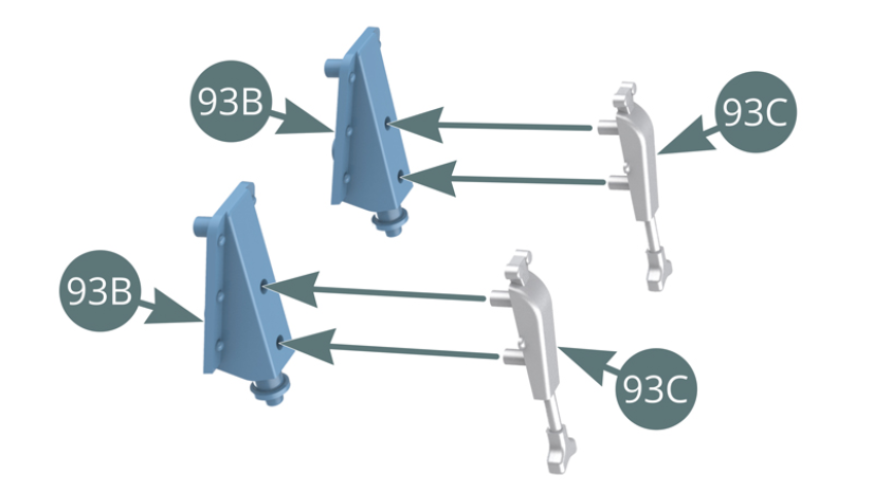 Posiciona las dos Cerraduras (93C) en los dos Soportes de cerradura (93B). Monta los dos Soportes de cerradura (93B) en el Panel capó trasero (93A) y fíjalos con dos tornillos AP.