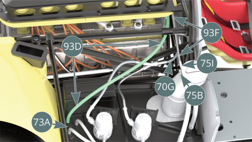 Après avoir reconnecté la conduite d’essence blindée 70G comme indiqué dans l’étape précédente, fixer la durite d’essence (longue) 93D sur la buse de la plate-forme latérale droite 73A, puis diriger l’extrémité libre vers l’autre côté du châssis, en la faisant glisser le long de l’avant du moteur.Fixez le tuyau de reniflard d’essence 93F avec le raccord 75I sur l’une des deux buses du goulot de remplissage d’essence 75B, puis diriger l’extrémité libre vers l’autre côté du châssis, en la faisant glisser le long de l’avant du moteur.