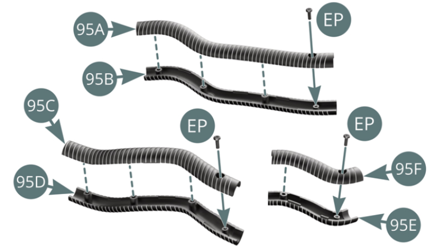 Une las unidades de Medio conducto (95A y 95B) y fíjalas con un tornillo EP para formar el Conducto de ventilación izquierdo (95AB) - ilustración superior izquierda. Une las unidades de Medio conducto (95C y 95D) y fíjalas con un tornillo EP para formar el Conducto de ventilación derecho (95CD) (ilustración superior izquierda). Une las unidades de Medio conducto (95E&95F) y fíjalas con un tornillo EP para formar el Conducto de ventilación derecho (95EF) (ilustración superior derecha).