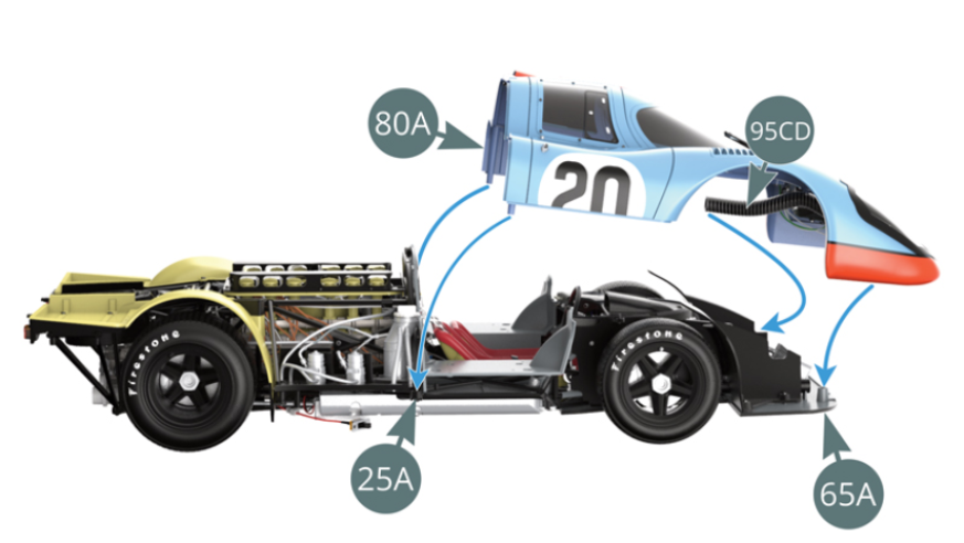 Positionner la carrosserie 80A sur le châssis inférieur 25A et sur le fond plat avant 65A. Dans le même temps, guider la gaine droite 95CD à travers le treillis tubulaire comme indiqué sur l’illustration de l’étape suivante.