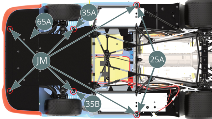 Fixer par en dessous, avec six vis JM, la carrosserie sur le fond plat avant 65A, sur le châssis inférieur 25A, ainsi que sur les garde-boue gauche 35A et droit 35B.