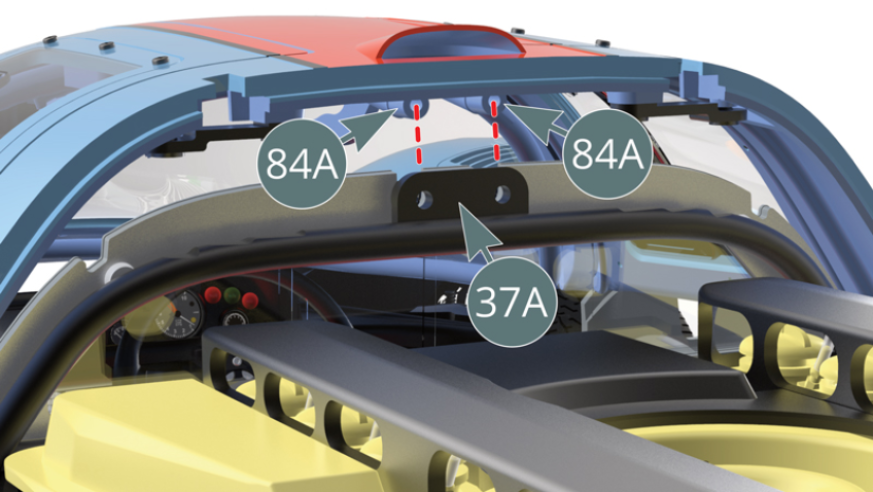 Fixer ensemble la languette de la cloison de séparation du cockpit 37A et les deux extrémités de l’arceau de sécurité supérieur 84A avec deux vis IM (illustrations ci-dessus).