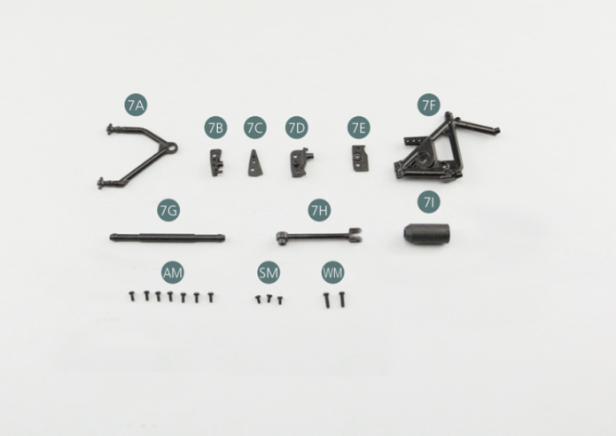 7A Bras de suspension supérieur gauche7B Support7C Joue de support7D Support7E Joue de support7F Cadre de châssis latéral gauche7G Bras7H Biellette de direction7I SouffletAM Vis M 1,7 x 4 mm (x 7)SM Vis M 1,7 x 3 mm (x 3)WM Vis M 2,0 x 7 mm (x 2)