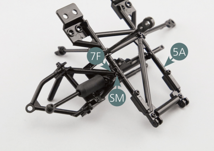 Position the left side frame (7F) on the lower frame (5A) and secure it with an SM screw.