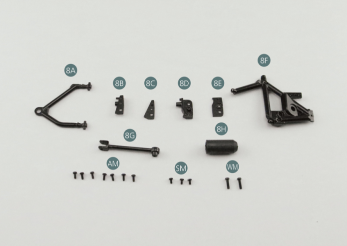 8A Upper right suspension arm 8B Bracket 8C Support bracket 8D Bracket 8E Support bracket 8F Side frame right 8G Steering arm 8H Steering tie-rod 8I Bellow Screw AM M 1.7 x 4 mm (x 7) Screw SM M 1.7 x 3 mm (x 3) Screw WM M 2.0 x 7 mm (x 2)