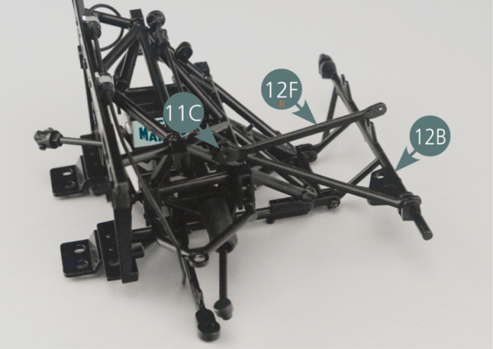 Position the right vertical tubular frame (12F) on the bracket (11C) and the lower bar (12B), then secure  with an EM screw and a GM screw respectively.