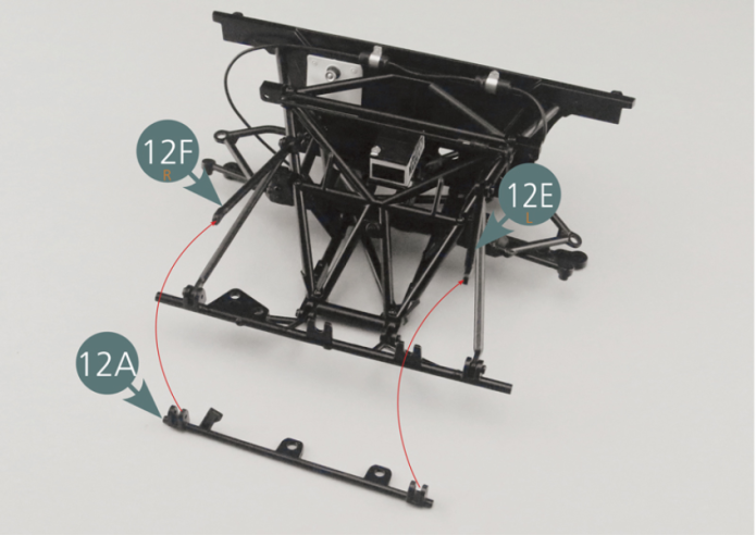 Position the upper bar (12A) on the right (12F) and left (12E) vertical tubular frame, then secure it with two GM screws.