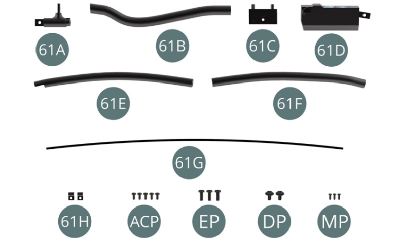 61A Liaison d’arceau61B Arceau de renfort avant61C Boîtier de service61D Boîtier électrique61E Arceau de renfort gauche61F Arceau de renfort droit61G Conduite d’essence61H Attache (x 2)ACP Vis M 1,4 x 3 mm (x 5)EP Vis M 2,0 x 5 mm (x 3)DP Vis M 2,0 x 4 x 5 mm (x 2)MP Vis M 1,2 x 3 mm (x 3)