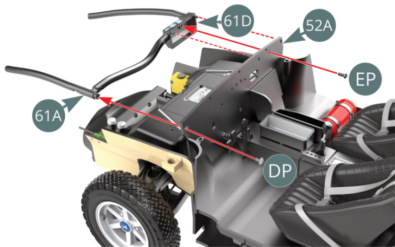 Positionieren Sie den vormontierten Motorraum-Verstärkungsbogen mithilfe der Bogenunterstützung (61A) und des Schaltkastens (61D) auf dem Kabinenboden (52A) und befestigen Sie ihn anschließend mit einer DP-Schraube bzw. einer EP-Schraube.