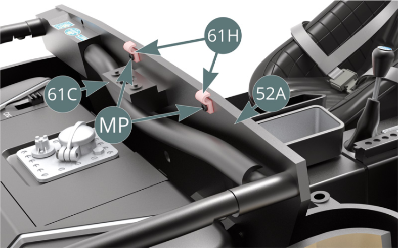 Position the two clips (61H) on the cabin floor (52A) and secure them with two MP screws.