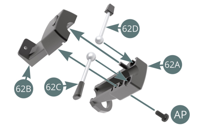 Position the ball joints at the ends of the respective turn signal (62C) and windscreen wiper (62D) switches in their respective housings on the lower steering column (62A), then position the upper steering column housing (62B) and secure with an AP screw. Position the ignition switch (62F) in the recess provided on the lower comodo housing (62A).