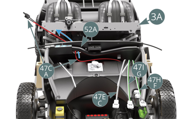 Heben Sie den Kabinenboden (52A) und entfernen Sie die Kabel G/Grün – Weiß (47I), F/Grün – Weiß (47H) und C/Grau – Weiß (47E) zur späteren Verwendung. Entfernen Sie das Kabel A / rot - schwarz (47C) und führen Sie es durch die ovale Öffnung im Kabinenboden (52A) (blauer Pfeil). Drehen Sie das Armaturenbrett (3A) um und legen Sie es auf die Vordersitze.