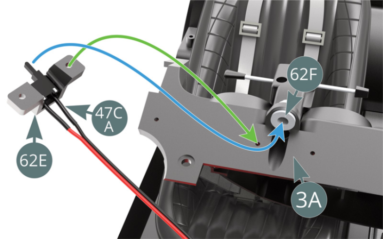 Position the A / red - black cable switch (47C) on the clip (62E). Position the switch button for cable A (47C) in the ignition switch (62F) (blue arrow), then align the openings in the clip (62E) with those on the dashboard (3A) (green arrow).