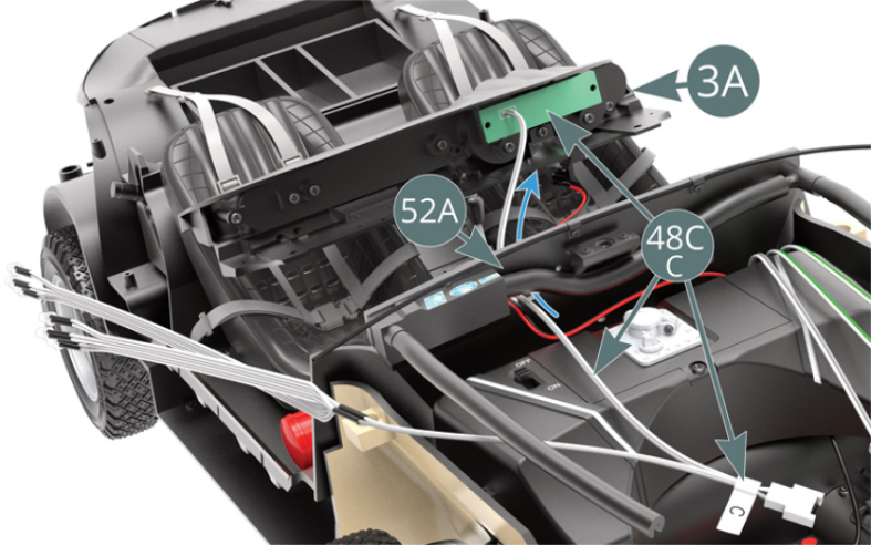 Pass the cable wire C (48C) - with the green PCB - through the oval opening in the cabin floor (52A) (blue arrow) and align the openings in the PCB with those in the dashboard (3A).