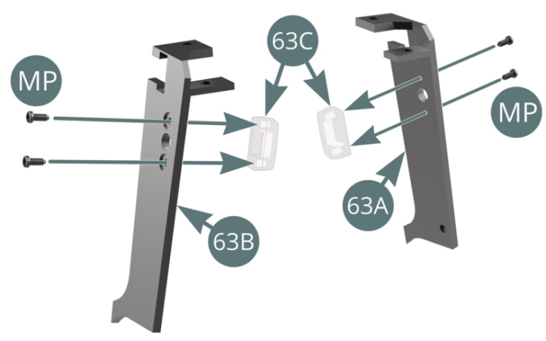 Position the passenger compartment lights (63C) on the right and left side panels (63B&63A), then secure each with two MP screws. Position the F-cable switches (48B) on the right and left side panels (63B&63A) - longest wire as specified by the red arrow - and secure them with two IP screws.