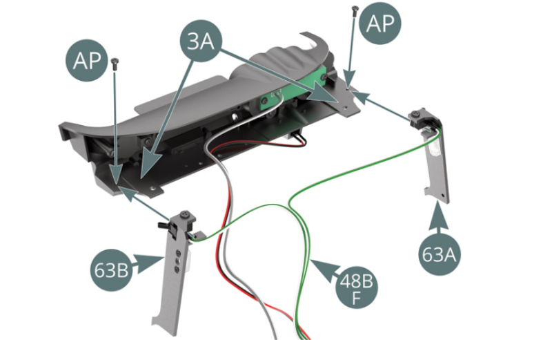 Position the right and left side panels (63B&63A) on the dashboard (3A), then fasten them with two AP screws. Position the LED lights from cable G (48A) in the outer sockets on the right and left side panels (63B&63A) - longest wire. Group the five cables together, then secure them to the dashboard (3A) using the clamp (63D) and an AP screw.