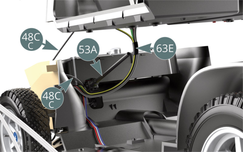 Fassen Sie alle Kabel außer Kabel C (48C) zusammen, führen Sie sie dann unter der Lenksäule hindurch (53A) und befestigen Sie sie mit Klebeband (63E) – Abbildungen oben.