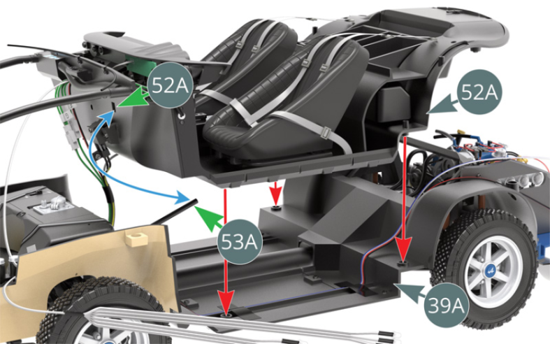 Start fitting the cabin floor (52A) to the chassis floor (39A) by engaging the steering column (53A) into the square opening located on the cabin floor (52A) - green and blue arrows.