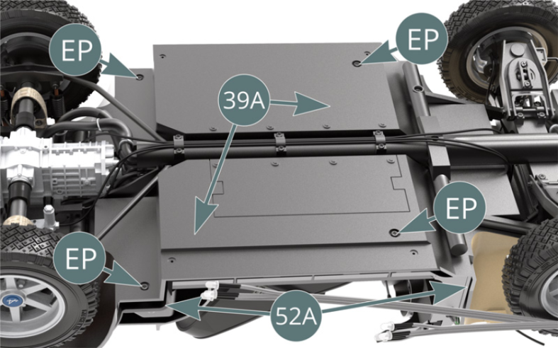 Secure the cabin floor (52A) – from below -  to the chassis floor (39A) using four EP screws.