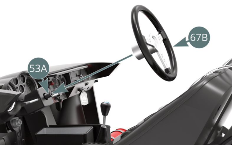 Place the steering wheel (67B or 3K) on the steering column (53A), then secure it with an AM screw. Position the steering wheel emblem (67C) on the steering wheel (67B or 3K) - illustrations above.