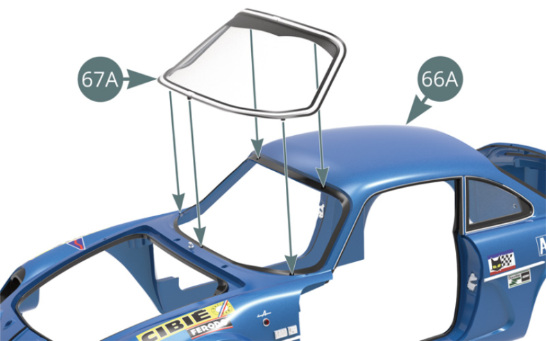 Positionner le pare-brise 67A sur la carrosserie 66A et le fixer par en-dessous avec cinq vis MP (illustrations ci-dessus).