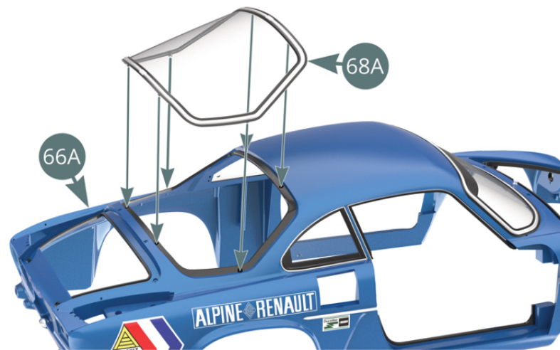 Positionner la vitre arrière 68A sur la carrosserie 66A et la fixer par en-dessous avec six vis MP (illustrations ci-dessus et ci-dessous).