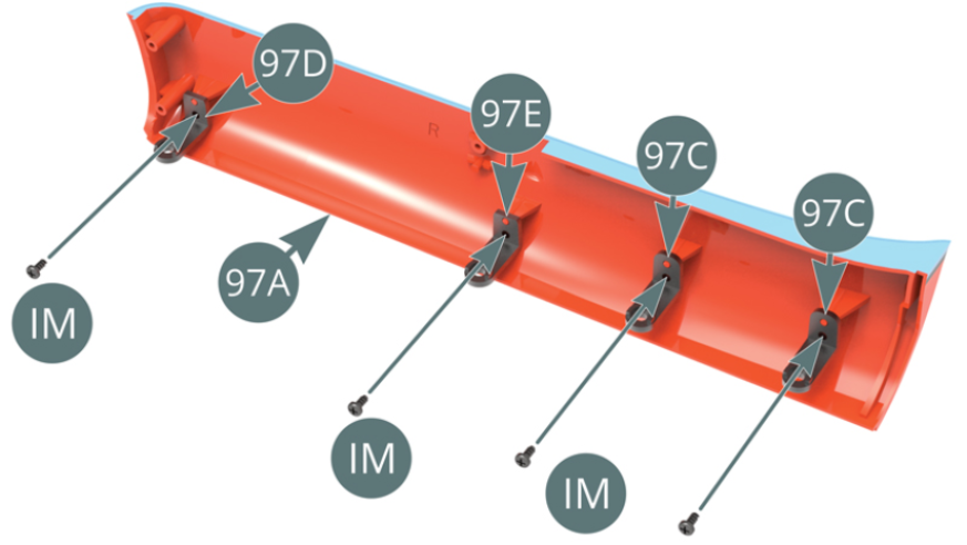 Monta los Soportes (97D#2 y 96E#3) y los Soportes (97C#1) en el Bajo de caja derecho (97A) y fíjalos con cuatro tornillos IM. Instala el Soporte superior (97B) y el Panel frontal (97F) en el Bajo de caja derecho (97A) y fíjalos con 3 tornillos IM.