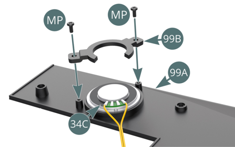 Positionner le haut-parleur 34C dans le logement rond prévu sur le fond plat 99A, puis le maintenir en place avec la patte de fixation 99B et deux vis MP (illustrations ci-dessus).
