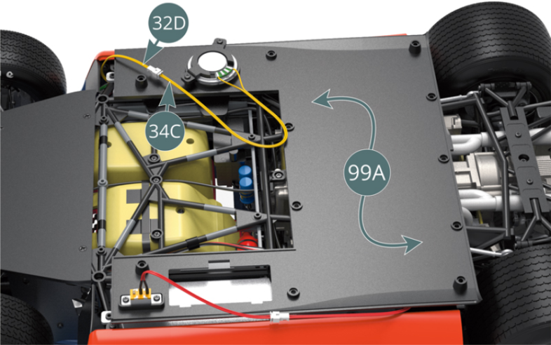 Conecta el cable amarillo del Altavoz (34C) al cable amarillo del PCB (32D). Dale la vuelta al Fondo plano (99A).