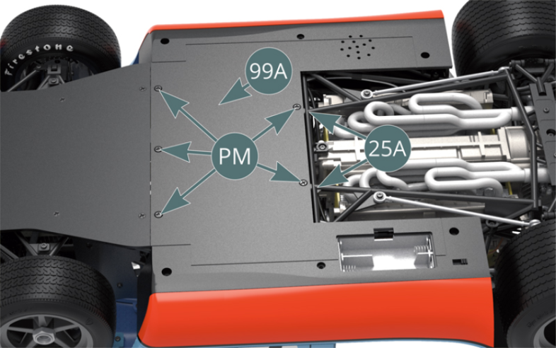 Los cables conectados anteriormente se mantienen ahora ocultos bajo el panel de piso plano (99A). Alinea el Fondo plano (99A) con la parte inferior de la carrocería y fíjalo al Chasis inferior (25A) con cinco tornillos PM.