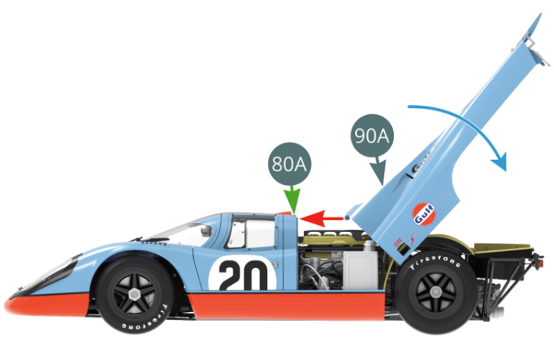 Positionner le capot arrière 90A sur la carrosserie 80A en maintenant un angle à 45 degrés (flèche rouge), puis refermer le capot (flèche bleue). Faire attention de ne pas rayer le bord de la carrosserie lors de la fermeture du capot (flèche verte).