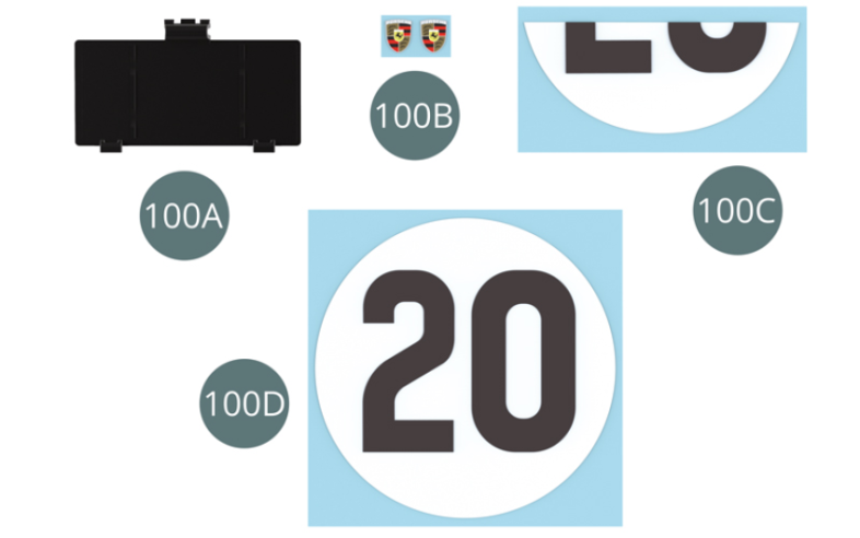 100A Tapa del compartimento de baterías100B Calcomanía insignia (x 2)100C Calcomanía número de puerta (x 4)100D Calcomanía del número del capó trasero (x 2)